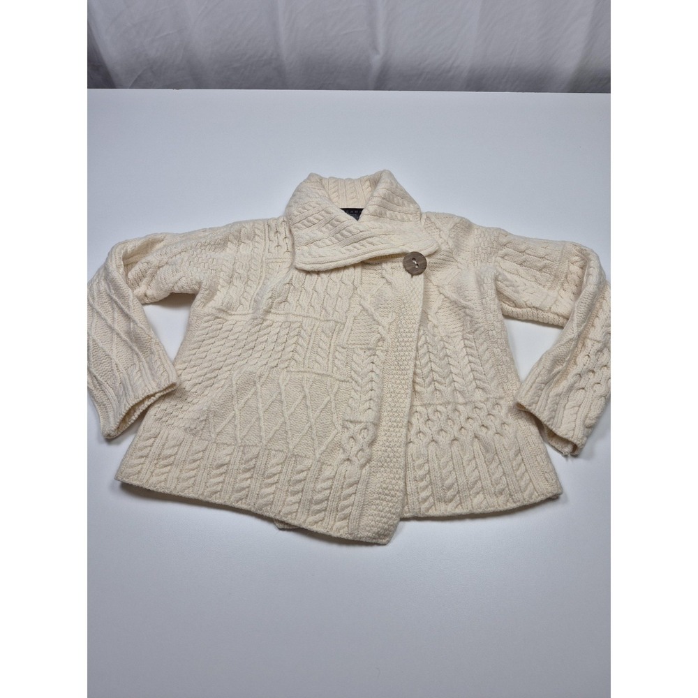 Aran Woollen Mills Sweater Womens Large White Merino Wool Cable Knit Cardigan